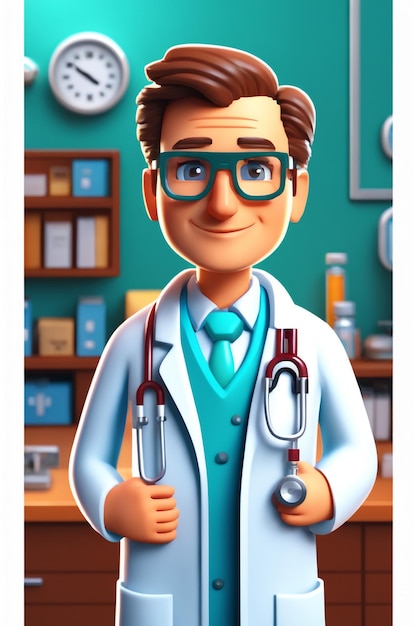 Ilustracja kreskówka 3D przedstawiająca lekarza ze szpitalnym tłem i stetoskopem