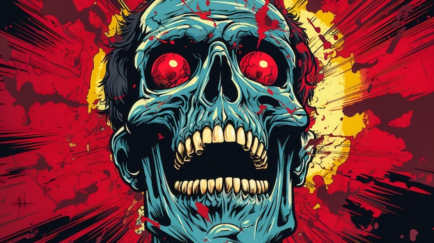 Ilustracja kreskówka czaszka Grunge horror sztuki z demonicznym szkieletem