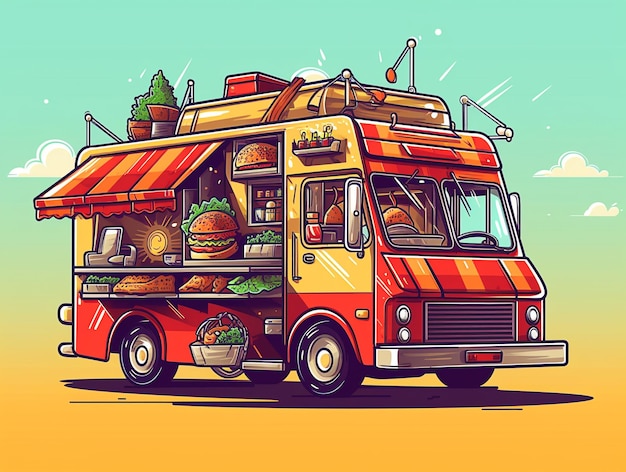 Ilustracja kreskówka food trucka Wygenerowano sztuczną inteligencję