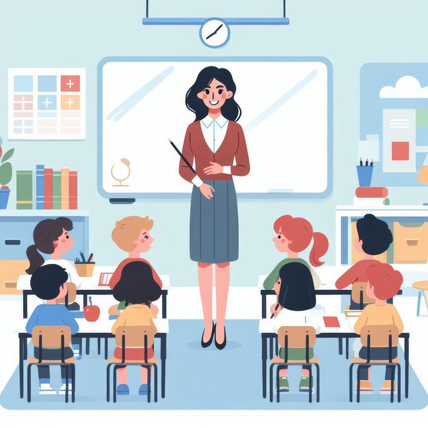 Ilustracja kreskówka na Dzień Nauczyciela z nauczycielem w klasie z dziećmi