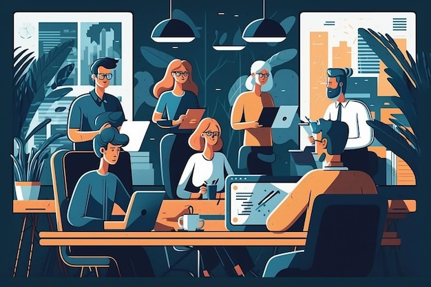 ilustracja kreskówka osób pracujących w kawiarni z laptopami i laptopami.