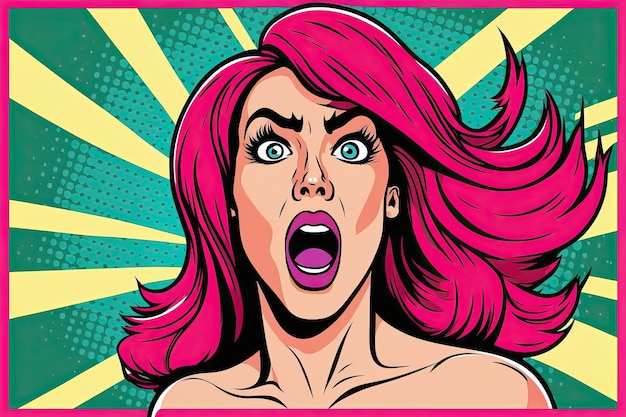 Ilustracja kreskówka Pretty Girl w stylu pop-art Emocjonalna kobieta z różowymi włosami Kolorowe tło Generatywne AI