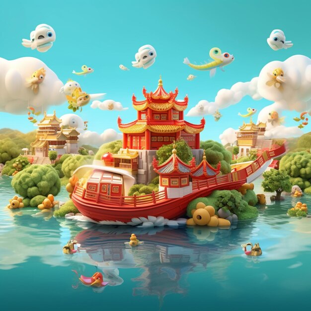 ilustracja kreskówka przedstawiająca chińską łódź pływającą w wodzie z dużą ilością kaczek generatywnych AI