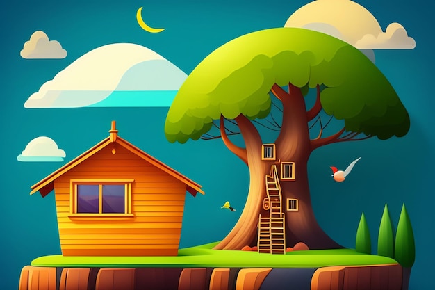 Ilustracja kreskówka przedstawiająca dom i drzewo z domem i ptakami latającymi wokół niego.