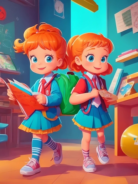 ilustracja kreskówka przedstawiająca dwie dziewczyny niosące książki