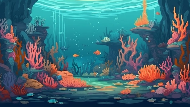 Ilustracja kreskówka przedstawiająca krajobraz morski z rybami i koralowcami.