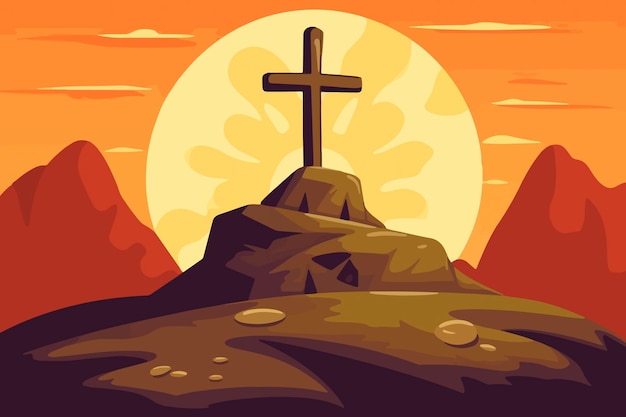 Ilustracja kreskówka przedstawiająca krzyż na wzgórzu z zachodzącym za nim słońcem