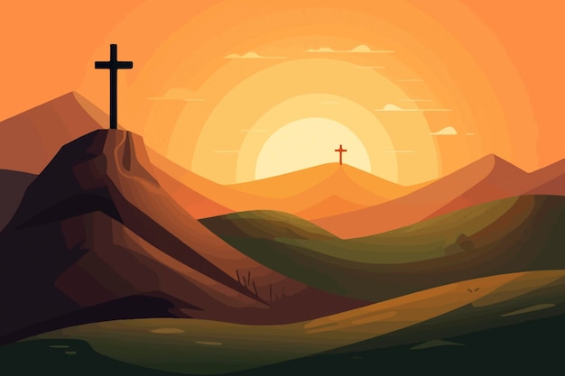 Ilustracja kreskówka przedstawiająca krzyż na wzgórzu z zachodzącym za nim słońcem
