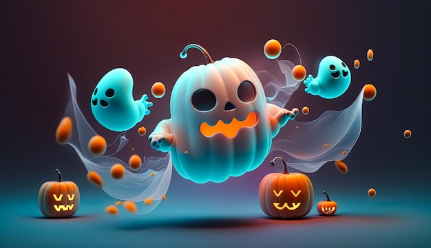 ilustracja kreskówka przedstawiająca ładne dynie Halloween i duchy z uroczą twarzą Koncepcja Halloween