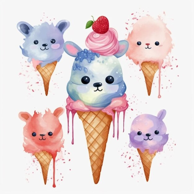 Ilustracja kreskówka przedstawiająca lody z niebieskim króliczkiem i różowym króliczkiem.