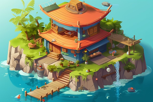 Ilustracja kreskówka przedstawiająca małą wyspę z domem i generatywną ai doku