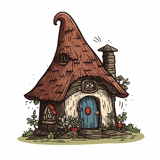 Zdjęcie ilustracja kreskówka przedstawiająca mały dom z generatywnym dachem krytym strzechą