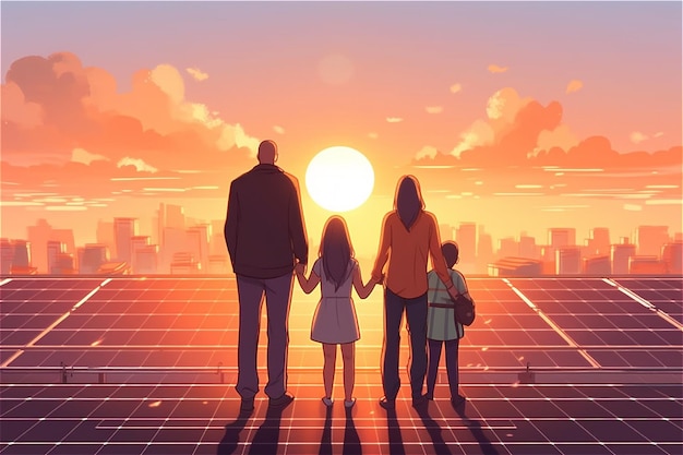 Ilustracja kreskówka przedstawiająca rodzinę i panele słoneczne o zachodzie słońca Generative AI