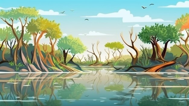 Ilustracja kreskówka przedstawiająca rzekę z drzewami i skałami generatywną ai