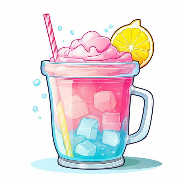 ilustracja kreskówka przedstawiająca szklankę lodów ze słomką i plasterkiem cytryny generatywnej ai