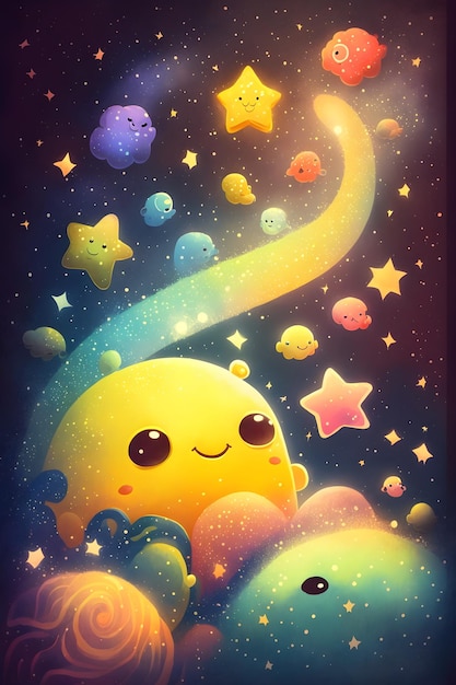 Zdjęcie ilustracja kreskówka przedstawiająca tęczę i gwiazdy z tęczą i gwiazdami w tle.