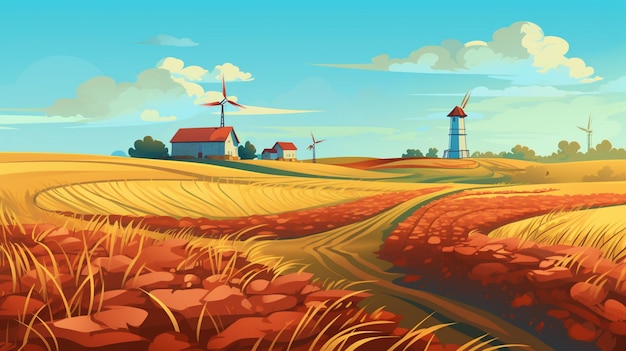 ilustracja kreskówka przedstawiająca wiejski krajobraz z farmą i wiatrakami generatywnymi AI