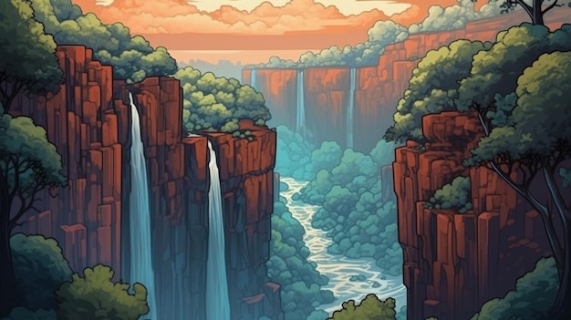 ilustracja kreskówka przedstawiająca wodospad w kanionie z drzewami i generatywną ai na tle nieba
