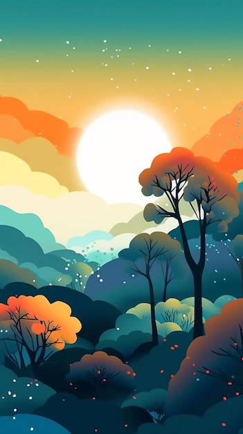 Ilustracja kreskówka przedstawiająca zachód słońca z drzewami i górami generatywnej ai