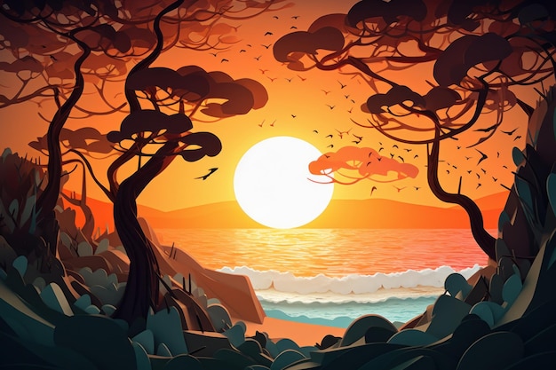 Ilustracja kreskówka przedstawiająca zachód słońca z zachodem słońca i drzewami