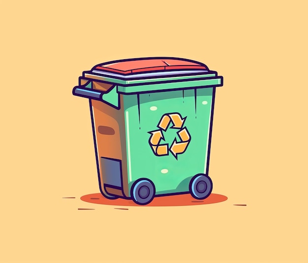 Ilustracja kreskówka przedstawiająca zielony kosz na śmieci z symbolem recyklingu.