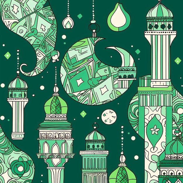 ilustracja kreskówka Ramadan Doodle w kolorze zielonym