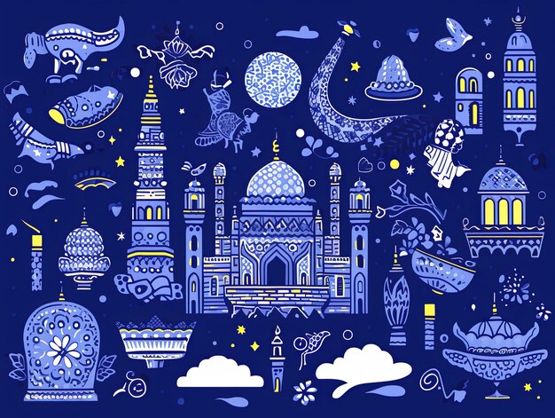 ilustracja kreskówka Ramadan Doodle w niebieskim