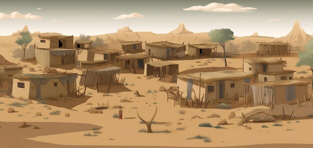 Ilustracja kreskówka starożytnego miasta z mieszkańcami na pustyni Generative ai