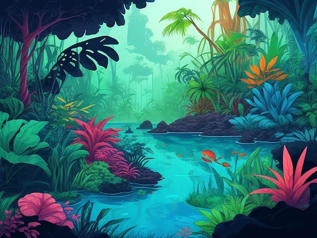 Ilustracja kreskówka w stylu dżungli Aquascape