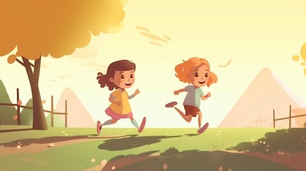 Ilustracja kreskówka z dwójką dzieci biegających po ścieżce z żółtym niebem w tle.