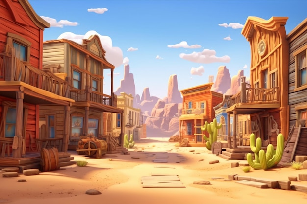 Ilustracja kreskówka z Old West Town z pustą ulicą 3d styl ilustracji