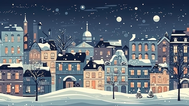 Ilustracja kreskówka z wioską w generatywnej ai śniegu