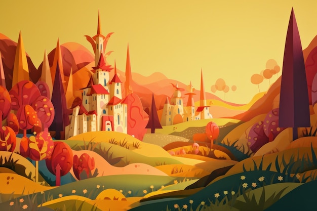 Ilustracja kreskówka zamku w górach.
