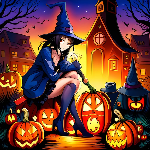 ilustracja kreskówki czarownicy siedzącej na dyni z domem w tle.