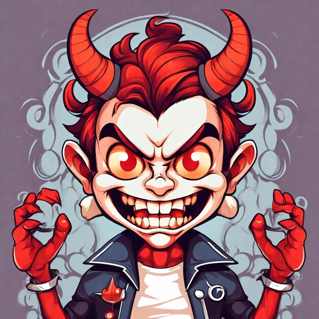 Zdjęcie ilustracja kreskówki czerwonego diabła z rogami na tle grunge