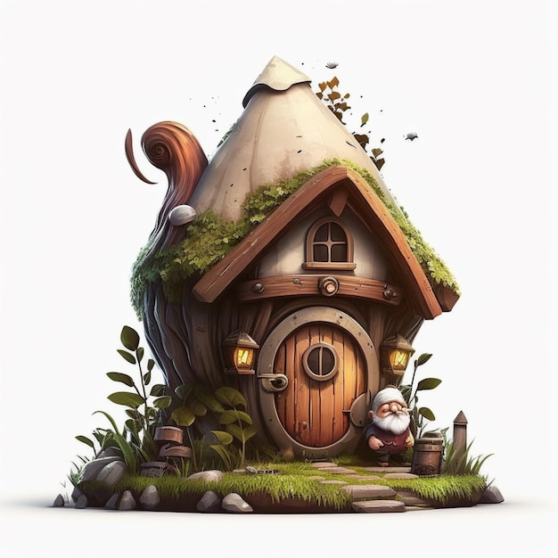 ilustracja kreskówki domu krasnoludów z wiewiórką na dachu generatywny ai