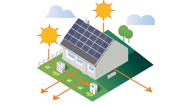 ilustracja kreskówki domu z słowami energia słoneczna na dachu