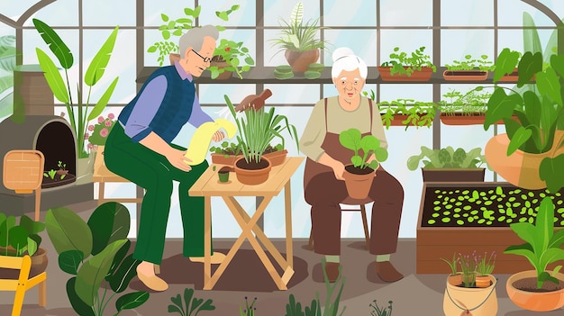 ilustracja kreskówki dwóch starych mężczyzn siedzących w ogrodzie