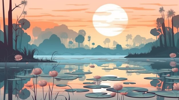 Ilustracja kreskówki jeziora z lilijkami i drzewami generatywnymi ai