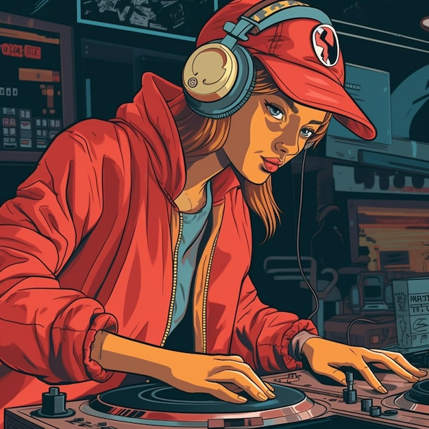 Ilustracja kreskówki kobiety DJ grającej muzykę na gramofonie generatywny ai