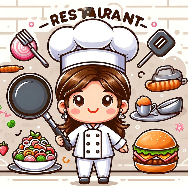 Zdjęcie ilustracja kreskówki kobiety z kapeluszem szefa kuchni i patelnią z jedzeniem
