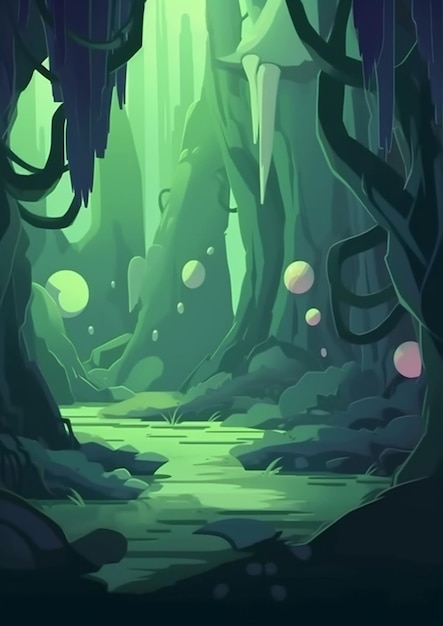 ilustracja kreskówki lasu z strumieniem biegnącym przez niego generatywny ai