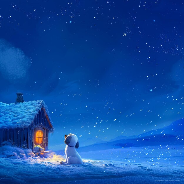 ilustracja kreskówki małej chatki z śnieżnikiem w śniegu