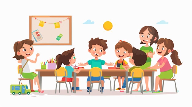 ilustracja kreskówki nauczycielki i jej uczniów przy biurku szkolnym