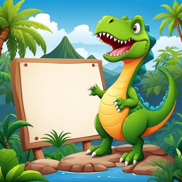 Zdjęcie ilustracja kreskówki o dinozaurach z tłem krajobrazowym i pustym znakiem