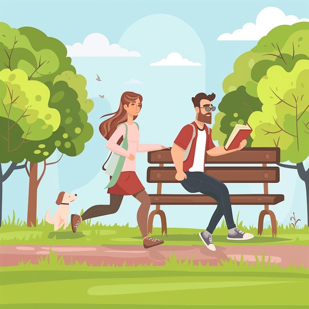 ilustracja kreskówki pary spacerującej z psem