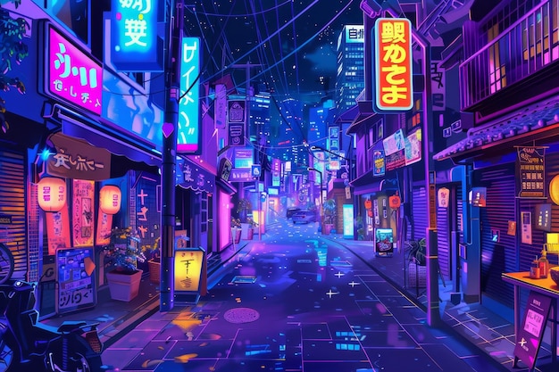 Zdjęcie ilustracja kreskówki ulic tokio w nocy