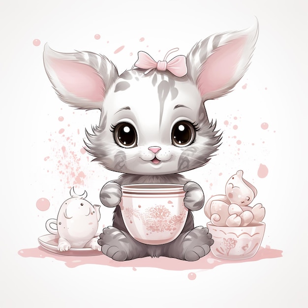 ilustracja kreskówki uroczego królika z filiżanką herbaty generatywny ai