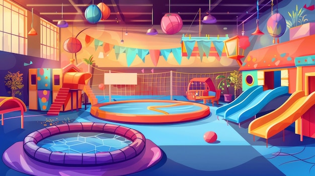 Ilustracja kreskówki z salą zabaw z trampolinami, suchym basenem, zjeżdżalniami, końmiami i zabawkami dla aktywnego wypoczynku i zabawy dla dzieci
