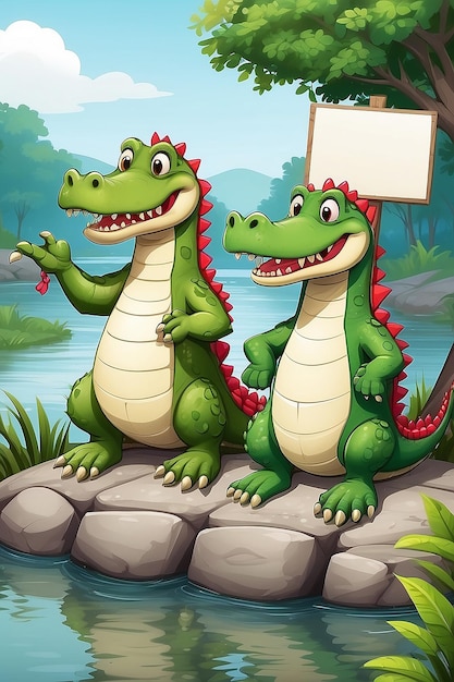 Ilustracja kreskówkowa dwóch krokodylów trzymających pusty znak przy rzece